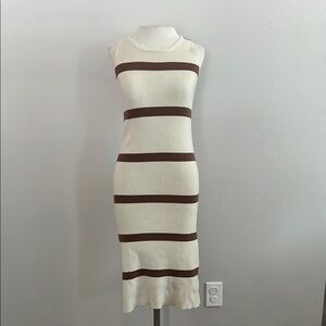 Cream and Brown Sleeveless Sheath Dress with Stripes